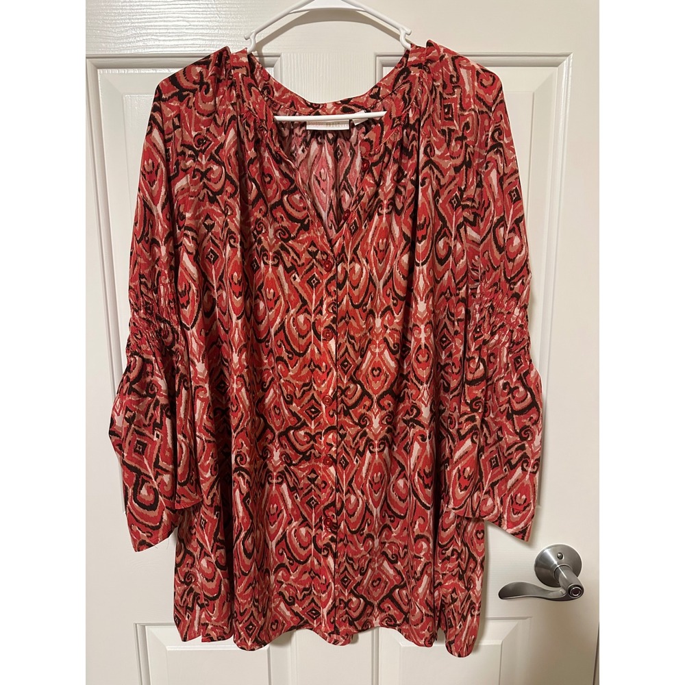 Belle Kim Gravel Blouse Women 2X Red Abstract Ikat Smocked Bell Sleeve Button Up